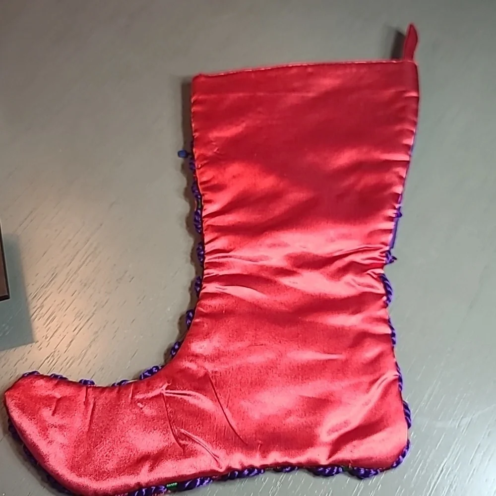 Pier 1 Red Velvet Beaded Stocking With Silver Metal Raindeer Hanger